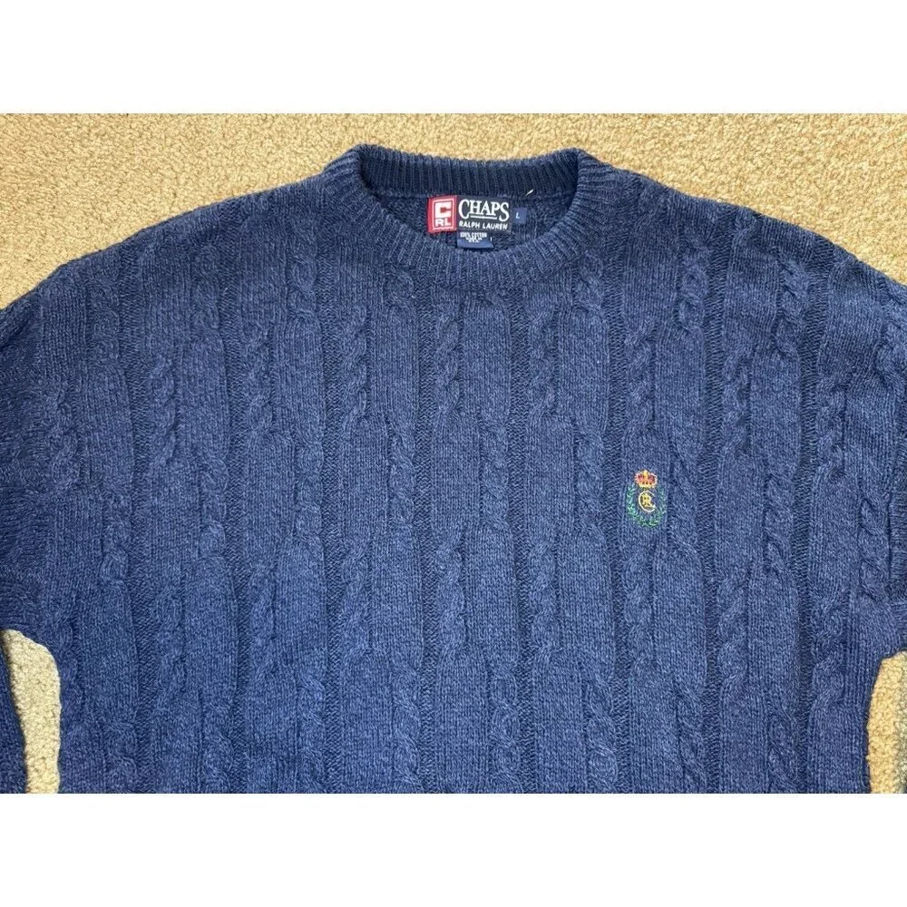CHAPS RALPH LAUREN VTG Blue Cable Knit Sweater Chunky Crest Logo Cotton USA L